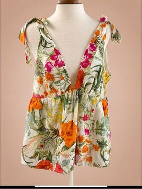 Chelsea & Violet Tropical Floral Tie-Shoulder Linen Blend Top Large